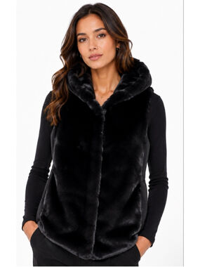 Theory Black Faux Fur Hooded Vest M